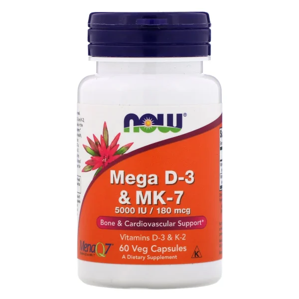 NOW Foods, Mega D-3 & MK-7, 180 մկգ (5,000 IU), D3 K2 60 Պատիճ