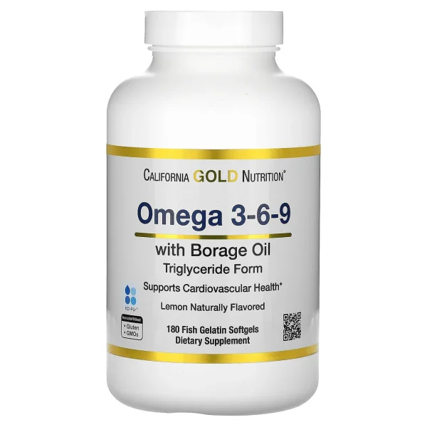 California Gold Nutrition, рыбий жир с омега 3-6-9 и маслом бурачника, норвежский триглицерид, натуральный лимонный вкус, 180 капсул