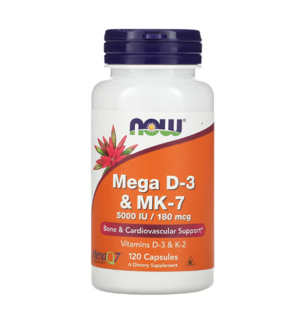 NOW Foods, Mega D-3 & MK-7, 180 մկգ (5,000 IU), D3 K2 120 Պատիճ